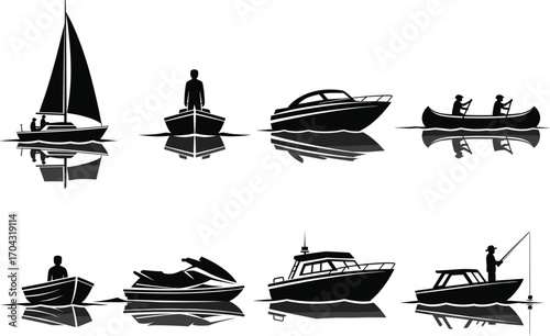 Boat silhouettes, sailboat, rowboat, motorboat, canoe, jet ski, fishing boat, cabin cruiser, water reflection, black vector, outdoor activity, marine transport