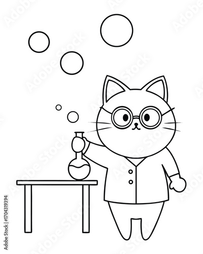 Cartoon cat scientist with beaker and bubbles vector