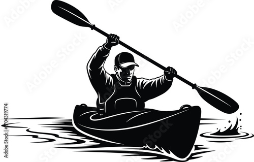 Kayaking vector illustration, active paddling man in kayak, water sport silhouette, outdoor adventure, black and white design, dynamic motion, river splash