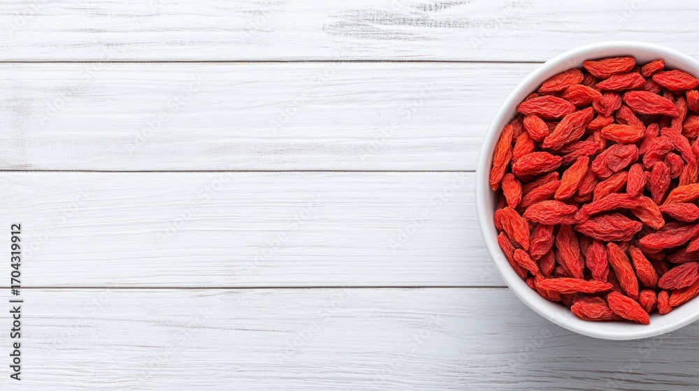 Fototapeta premium Red goji berries in bowl on white wood background