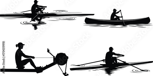 Rowing silhouette vector, canoe paddling, erg machine workout, water sport illustration, black athlete icons, fitness, outdoor activity, training, exercise