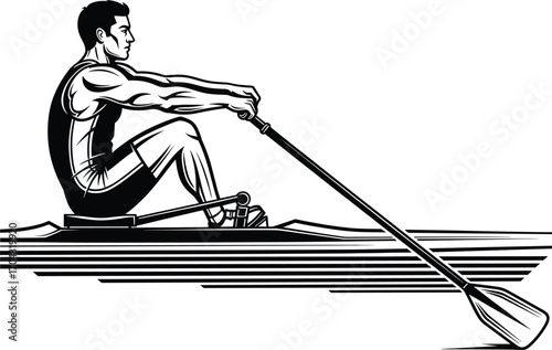 Rowing athlete in action, competitive sports vector, muscular man in boat, water motion lines, black and white illustration, fitness, endurance, training