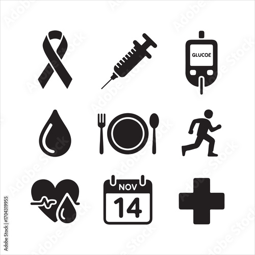 world diabetes day vactor art icon pack icon set bandle banner silhouette black and white backgrount