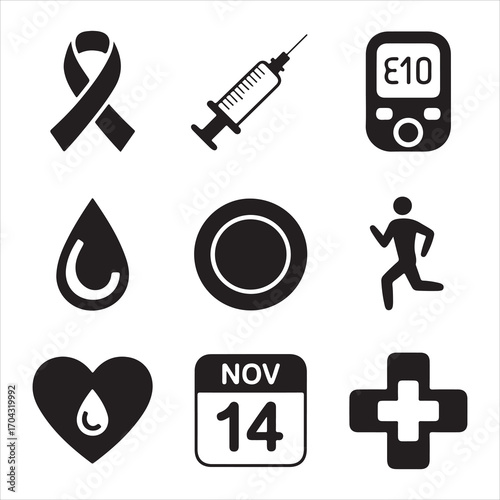 world diabetes day vactor art icon pack icon set bandle banner silhouette black and white backgrount