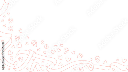 Ribbon and hearts corner design with a delicate pink outline on a white background in the lower left corner