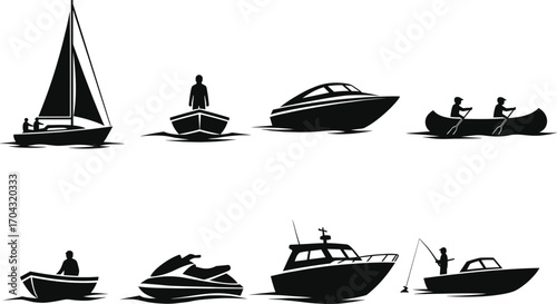 PrintWatercraft silhouettes, boating activities, fishing, sailing, jet skiing, canoeing, rowboat, speedboat, marine recreation, vector illustration, black icons, outdoor adventure