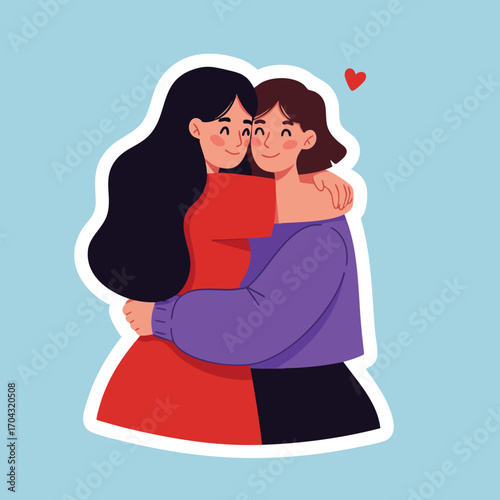 Two women hugging in loving embrace with red heart symbolizing affection and friendship vector illustration 