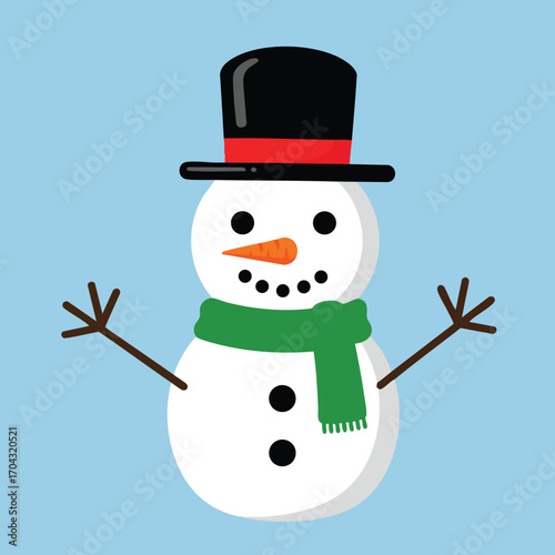 Snowman with black top hat green scarf and carrot nose on blue background winter illustration vector