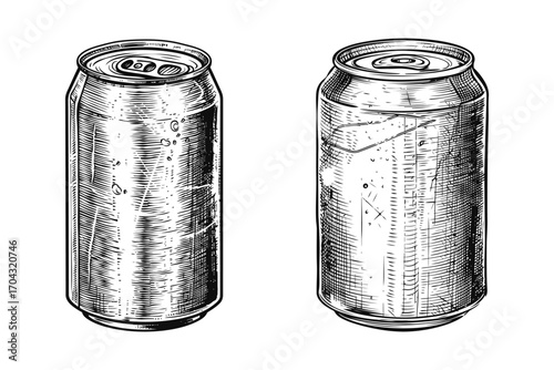 Black and white soda can vector illustration, detailed vintage sketch of aluminum beverage drink can, hand drawn etching style isolated on white background