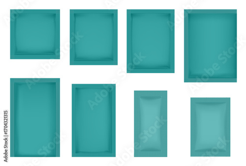 Set of teal green sachets in various shapes and sizes. Square and rectangular, vertical and horizontal. Cosmetic samples, skincare products, food supplements, tea bags, or single-use items