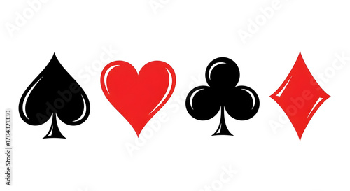 Classic playing card suits set: spade, heart, club and diamond icons — glossy game symbols for casino, poker and card game design