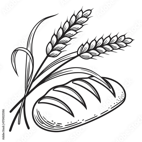 Stylized black and white illustration of a loaf of bread with wheat stalks
