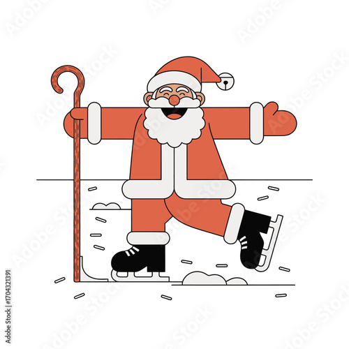 Joyful santa claus ice skating with a cane on a frozen pond