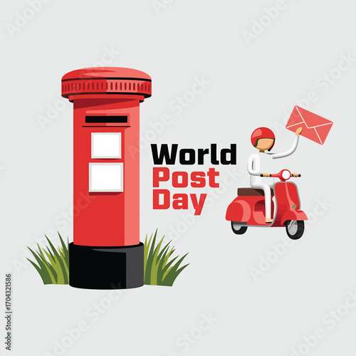 Vector art of world post day celebration with a person on a scooter delivering mail next to a red post box and grass