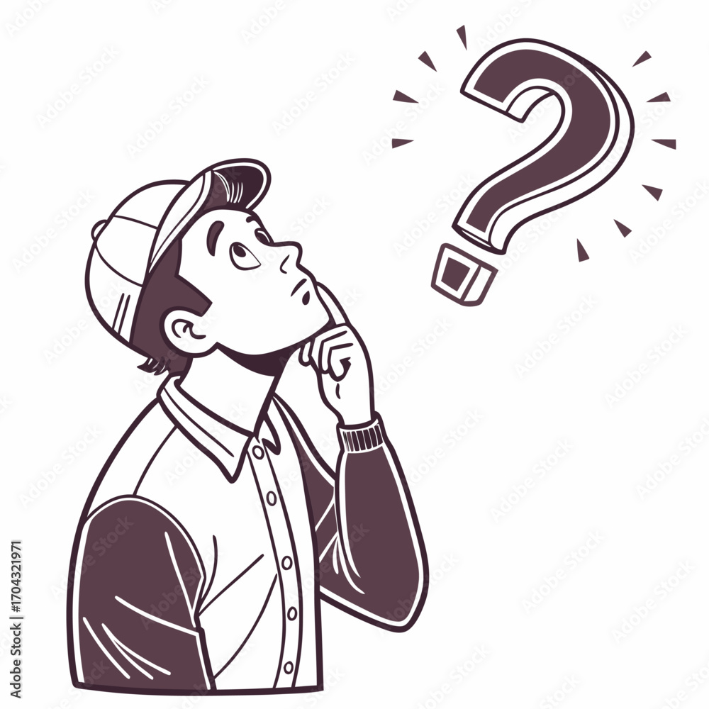 Obraz premium Young man looking at a big question mark symbolizing confusion, doubt, curiosity, decision making and problem solving in life or work.