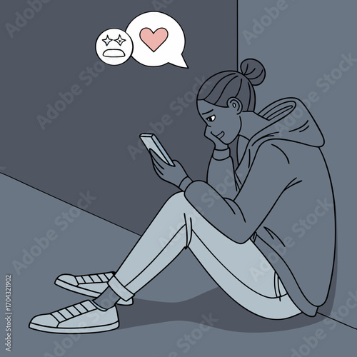 Young woman sitting alone using smartphone with love and emoji reactions symbolizing social media addiction, online emotions and digital communication