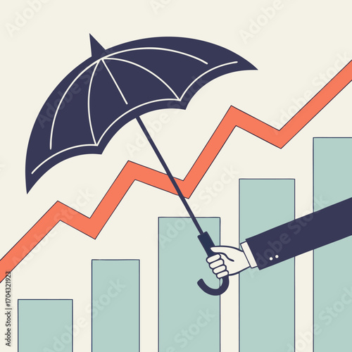 Hand holding umbrella protecting bar chart and growth line symbolizing financial security, investment safety, insurance risk management and business protection