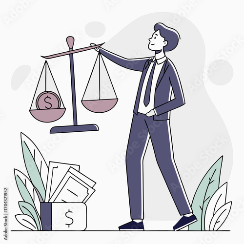 Businessman holding balance scale with money symbol representing financial decision, investment strategy, business planning, cost management and money balance