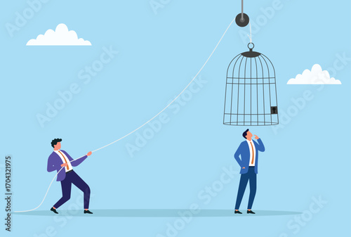Vector illustration of a businessman attempting to trap another businessman under a large cage, symbolizing manipulation, control, or creating obstacles for others
