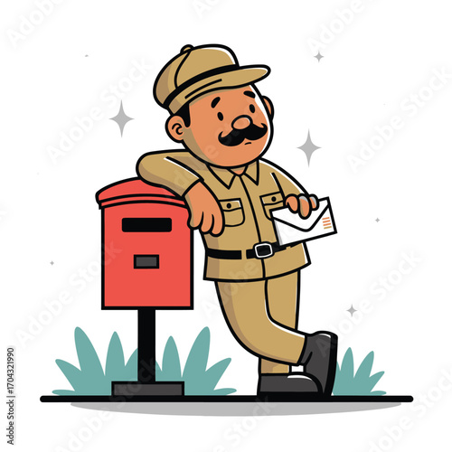Vector art of world post day depicted with a cheerful cartoon postman in uniform, holding a letter and leaning on a red mailbox