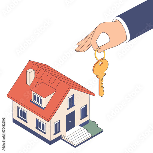 Vector illustration of a hand holding a key above a house, symbolizing home ownership, real estate deals, property sales, mortgage, and rental agreements.