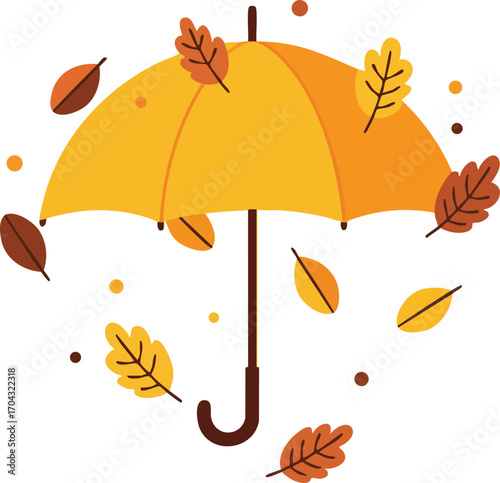 Yellow umbrella with autumn leaves falling around in a simple vector illustration