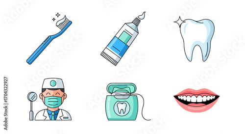 A collection of six colorful cartoon icons representing dental care, oral hygiene, and dentistry.