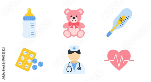 A collection of six flat icons representing pediatric healthcare and childcare themes on a white background.