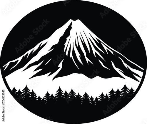 Majestic Mountain Peak with Snow and Forest in a Black Circle Silhouette on white background