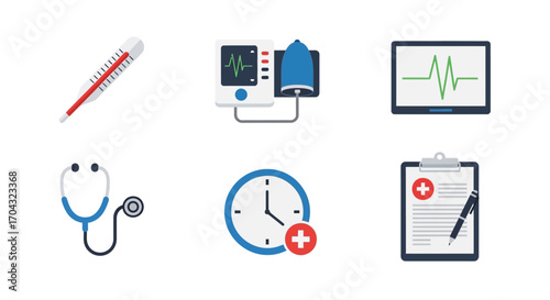 Set of six colorful flat design medical icons including a thermometer, blood pressure monitor, ECG, stethoscope, appointment clock, and patient chart.