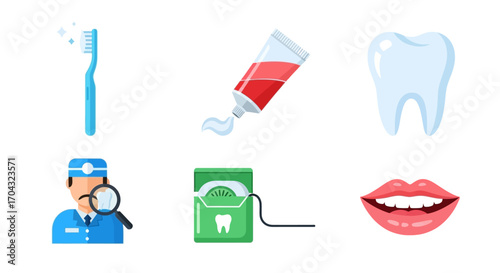 A set of six colorful flat icons representing dental care, oral hygiene, and dentistry concepts on a white background.