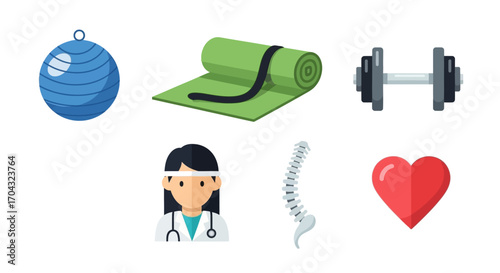A set of icons representing health, fitness, and medical care concepts including an exercise ball, yoga mat, dumbbell, doctor, spine, and heart.