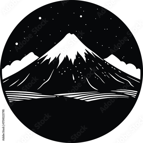Monochrome Mountain Peak with Snowy Top Under Starry Night Sky Illustration on white background