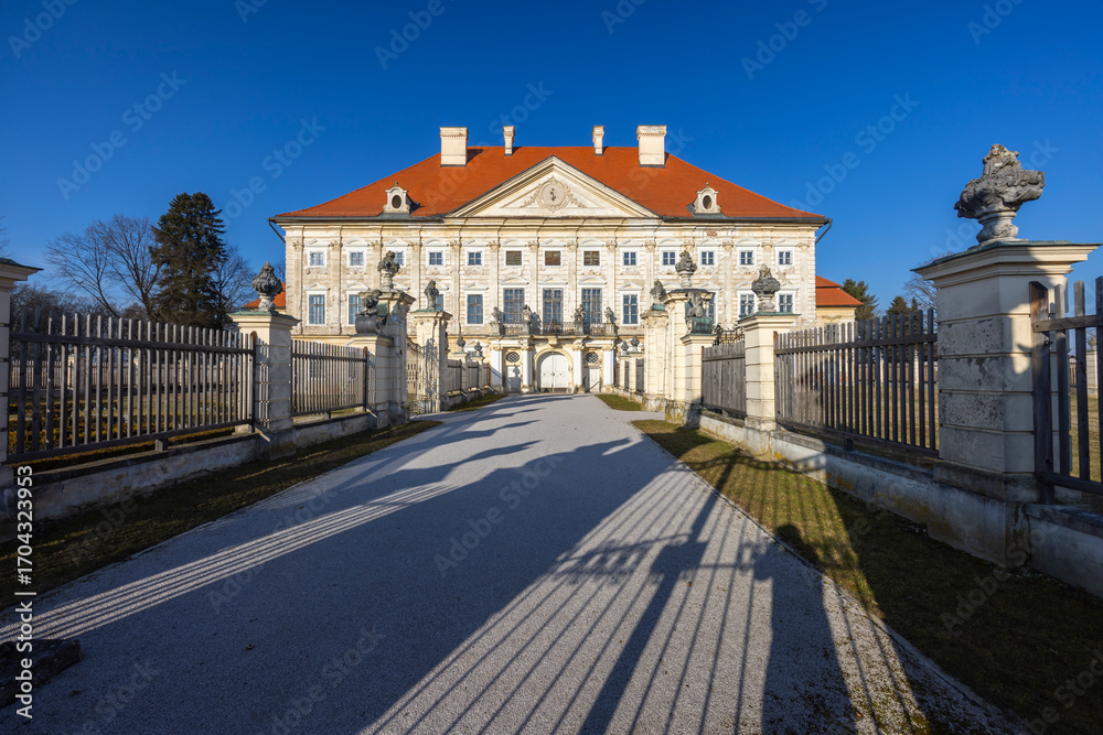 Obraz premium Dornava Manor illuminating under the winter sun in Slovenia