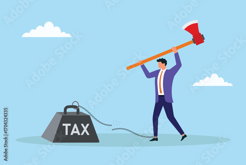 Vector illustration of a businessman cutting a heavy 'tax' weight from his leg with an axe, symbolizing breaking free from financial burden and taxes
