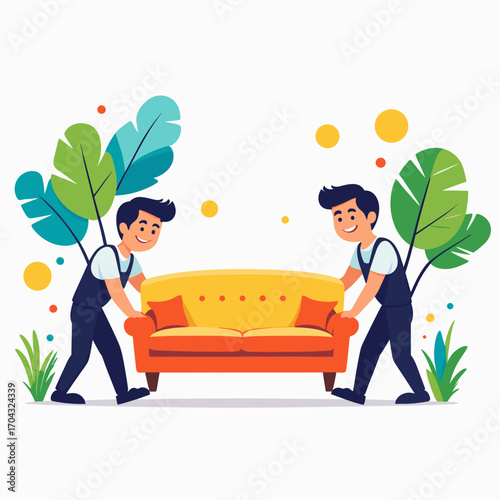 Two men carrying a sofa surrounded by tropical plants and colors.  Professional furniture transportation     