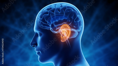 Illustration of the human brain highlighting the temporal lobe, which processes auditory information medical technology