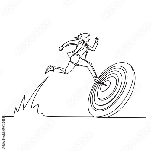 Single one line Art drawing businesswoman jumping on bigger target, successfully. with white background