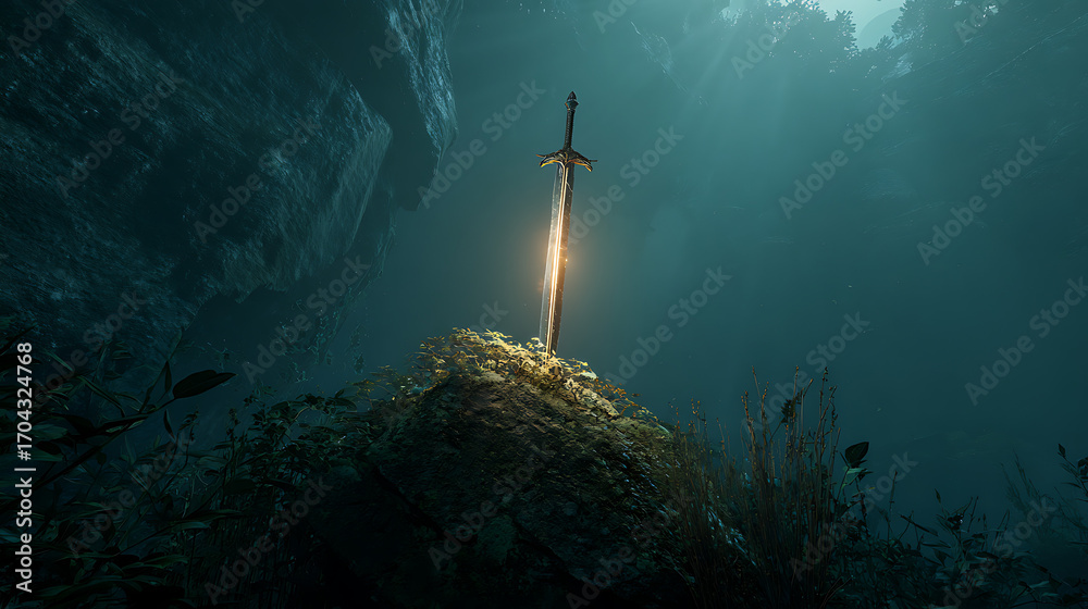 Naklejka premium A sword in the stone underwater with sun rays shining down on it in a cave