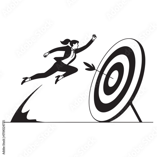 Single one line Art drawing businesswoman jumping on bigger target, successfully. with white background