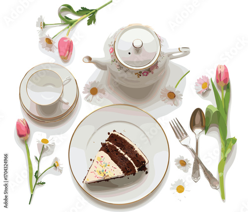 Flat Lay Cake with Tea Set and Floral Table Decor