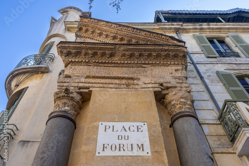 Cryptoporticus of the Roman Forum in Arles, Place du Forum, France, showing architectural details and blue sky