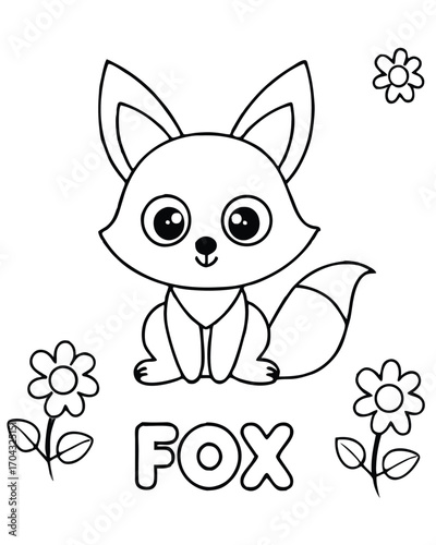 Cute cartoon fox with flowers and text baby animal