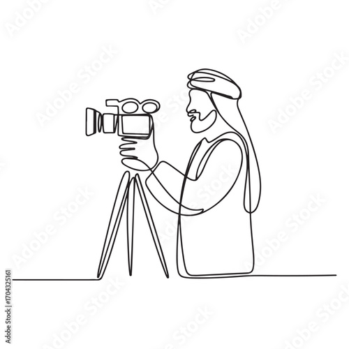 Single continuous line Art drawing Arabian cameraman, operator, videographer standing with camera. with white background