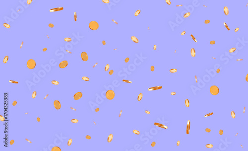 3d flying gold coins on lilac isolated background. Stock vector illustration.	