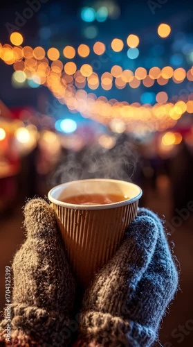 stop-motion hot apple cider in a paper cup held by hands in knitted gloves, with blurred Christmas market lights and people in the background, steam rising in the cold night air, creating a warm festi