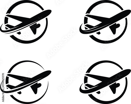 Aviation Silhouette Logos in a Circle with Swirls Conveying Flight Destination Travel and Tourism Airplane Icons Set for Graphics and Design Elements