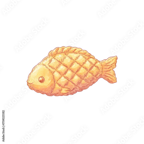 Detailed golden taiyaki fish-shaped pastry with textured scales, cut out