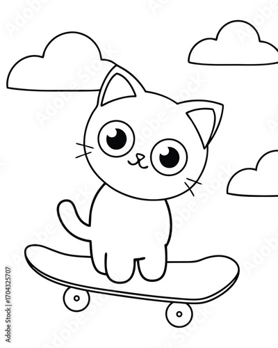 Cute cat rides skateboard under clouds kitten riding