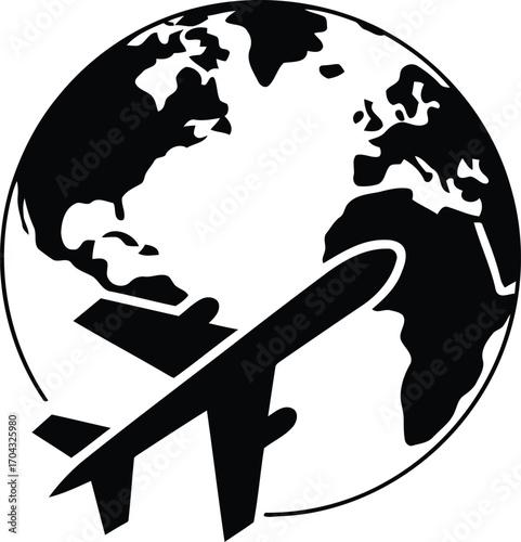 Global Travel Icon Represents International Flights and Worldwide Tourism with an Airplane Flying Around the Earth Symbolizing Adventure and Exploration